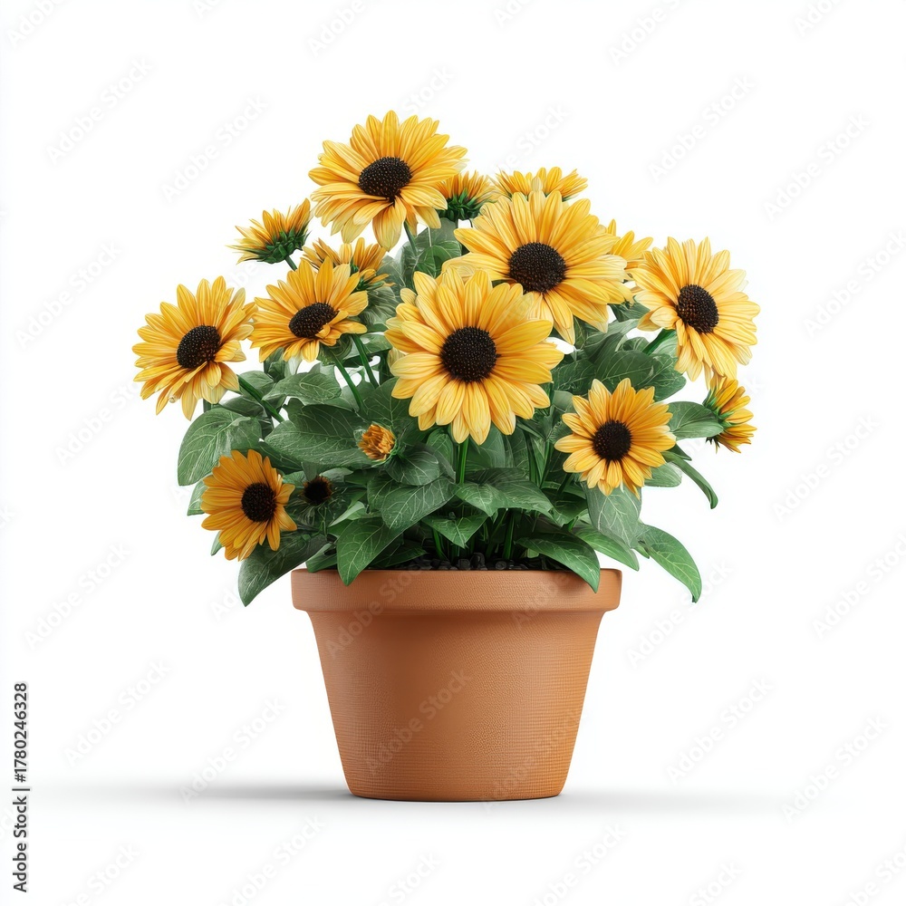 Fototapeta premium Vibrant Yellow Sunflowers in Terracotta Pot Against White Background