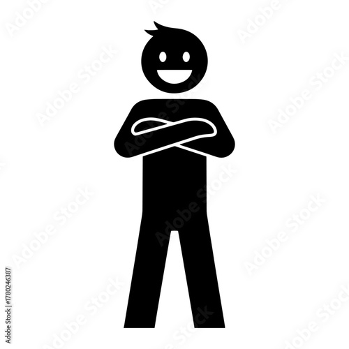 Smiling man with arms crossed simple flat vector glyph isolated on white background for app and web design
