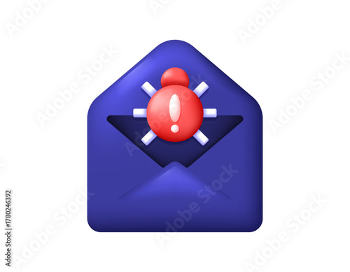 malware message concept. notification of receiving a suspicious and malicious email. virus detected warning. illustration of an open envelope symbolizing a bug or virus. 3D style design