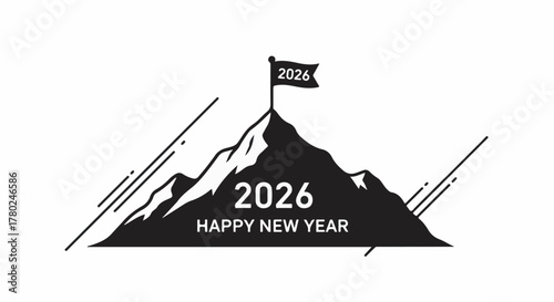 Summit success in the new year with 2026 marked on the flag atop a mountain peak.