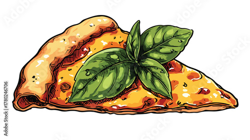 Delicious Pizza Slice Vector with Leaf Outline Isolated on White Background