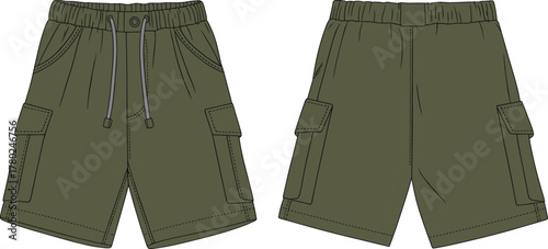 Men’s cargo shorts flat sketch, front and back view, cad vector drawing, elastic waistband, technical design, fashion illustration