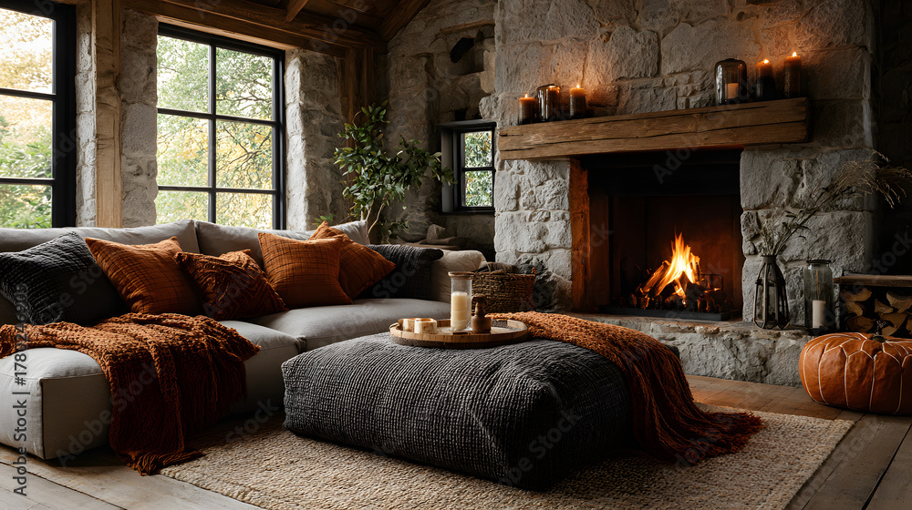 Fototapeta premium A cozy living room with a crackling fireplace, decorated with orange and brown autumn-themed throw pillows and blankets