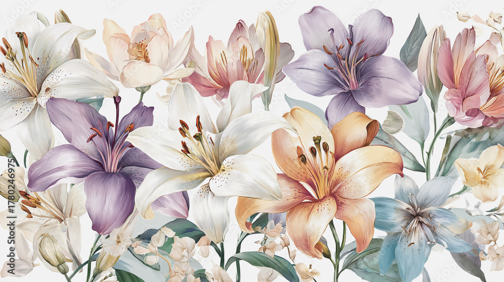 Fototapeta premium Elegant wedding invitation card white background . Minimal hand painted watercolor Lilly flowers texture template background. Design for wedding, vip cover, poster, rsvp modern card.Valentine's Day