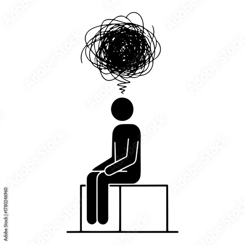 Confused stick figure sitting with a tangled mess above its head vector illustration representing anxiety and mental health issues isolated on white