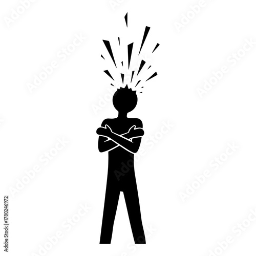 Frustrated stick figure with exploding head vector illustration of stress and mental breakdown isolated on white background