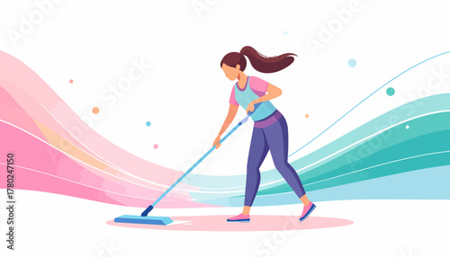 Young woman with ponytail actively mopping floor, wearing teal top and purple leggings, performing household chores.