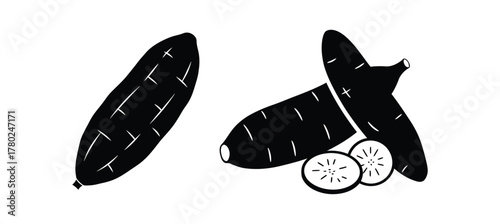 Monochromatic graphic illustration of healthy sweet potatoes, depicting a complete root vegetable alongside neatly sliced portions for various design projects