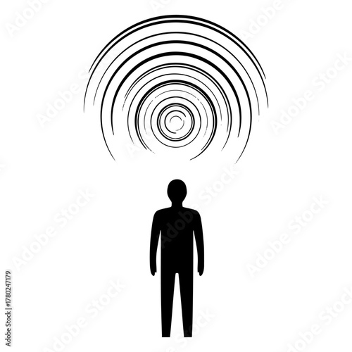 Silhouette of a person standing under concentric circles a vector illustration representing sound waves or influence isolated on white