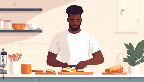 Man preparing breakfast, slicing food on a cutting board in a modern kitchen.