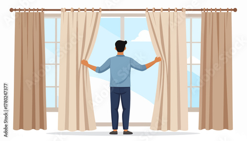 Man Pulling Open Curtains to Reveal Bright Sky View.