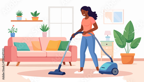 Smiling Black woman in a coral t-shirt and jeans using a blue canister vacuum cleaner.