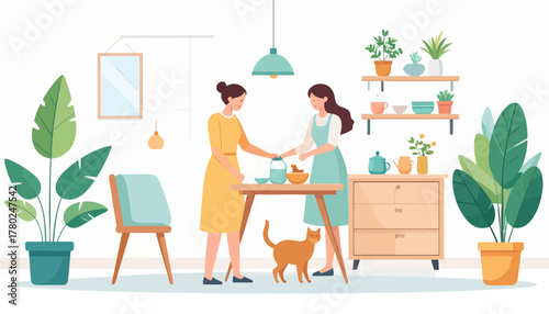 Two women shaking hands near a table with plants, cat, and furniture in a bright room.