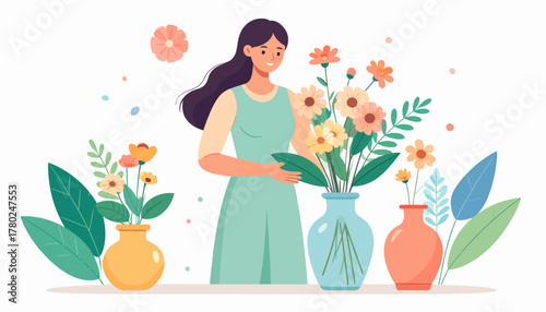 Woman arranging flowers in vases, wearing a light green dress, with dark hair.