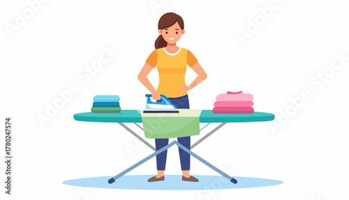Woman ironing clothes on ironing board with folded laundry, wearing yellow shirt.