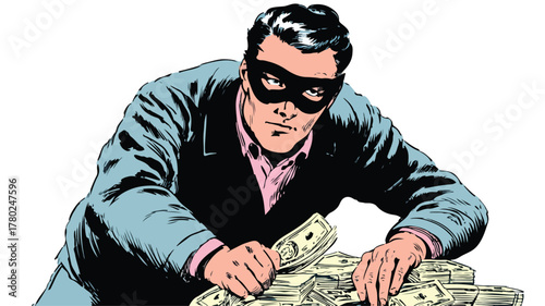 Professional Male Burglar in Black Mask Stealing Money Vector Illustration