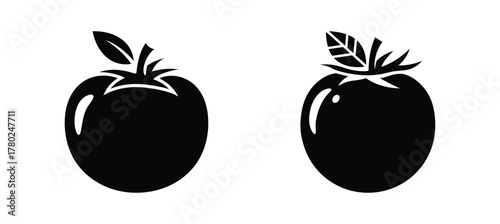 Set of black silhouette tomato icons with leaves, simple graphic vector illustrations for food, kitchen, or healthy eating themes