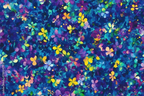 Vibrant Abstract Floral Pattern in Rich Blue and Purple Hues with Splashes of Color
