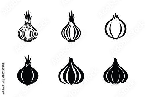 Set of stylized onion icons in black and white for culinary and design use