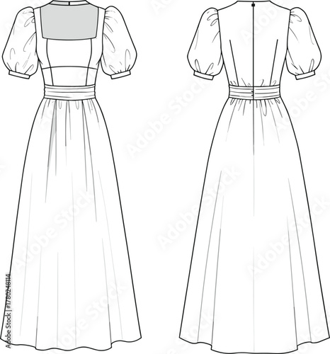 Maxi puff sleeve dress flat sketch, fashion technical illustration, high waist long dress vector, cad clothing drawing template view