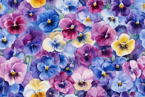 Vibrant Watercolor Floral Composition Featuring a Lush Array of Colorful Pansies in Bloom
