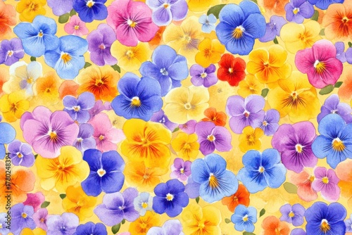Vibrant and Colorful Floral Pattern of Pansies in Various Shades Across a Soft Background