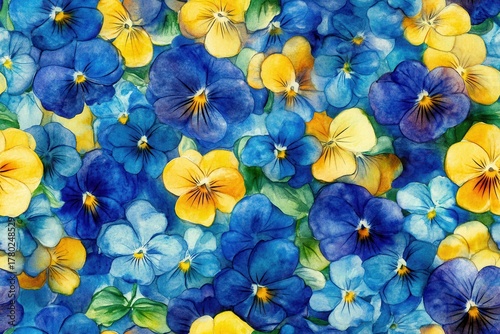 Vibrant Floral Pattern Featuring a Beautiful Array of Watercolor Pansy Flowers in Various Shades