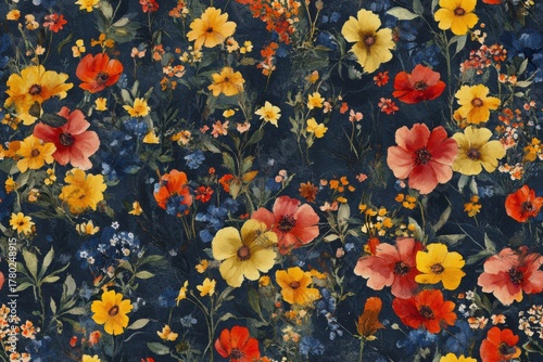Vibrant Floral Patterns Featuring a Variety of Flowers on a Dark Background