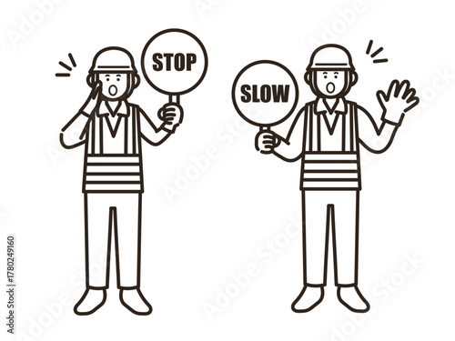 止まれと減速の標識を持つ交通誘導員の男性のイラスト　線画のみ