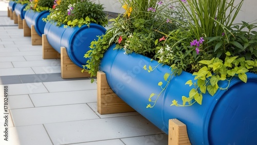 Upcycled Blue Barrels Transformed into Vibrant Raised Planters with Diverse Greenery