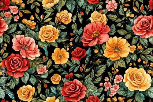 Vibrant Floral Pattern with Roses and Wildflowers Against a Dark Background