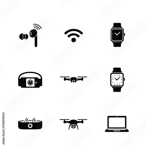 Black icons of wireless earbuds drone smartwatch laptop and speaker