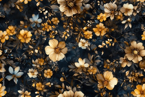 Beautiful Floral Pattern with Golden and Blue Flowers on a Dark Background for Home Decor Designs