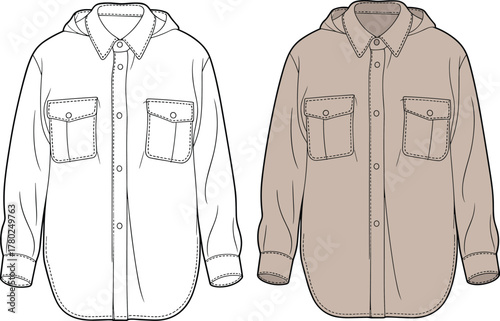 Men’s casual overshirt fashion flat sketch with hoodie, button front, chest flap pockets, long sleeve, CAD drawing flat vector illustration