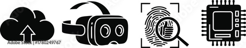 Cloud upload virtual reality headset fingerprint and computer chip icons