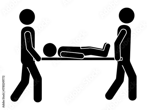 Emergency medical service vector icon silhouette of paramedics carrying patient on stretcher isolated on white background