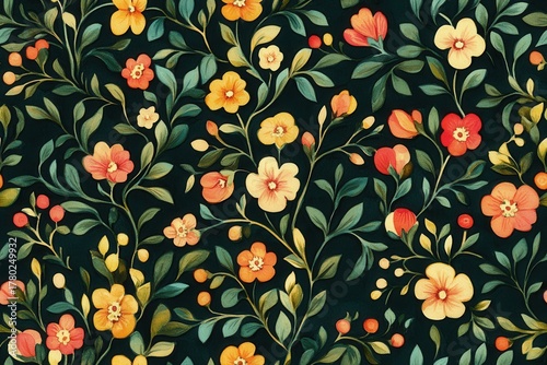 A Vibrant Floral Pattern with Lush Colors and Intricate Natural Designs and Elements