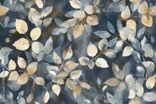 Beautiful and Serene Watercolor Illustration of Leaves and Botanical Patterns on a Dark Background