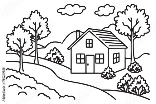 Charming countryside landscape with a cozy house and lush greenery