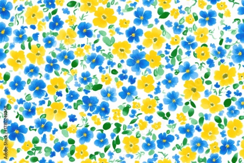 Vibrant Floral Pattern Featuring Blue and Yellow Flowers on a White Background