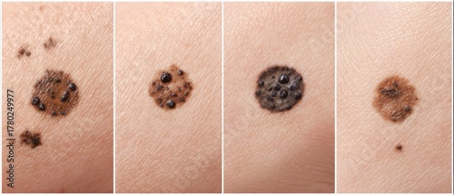 Closeup comparison of various types of pigmented skin lesions, potentially indicating different forms of skin cancer
