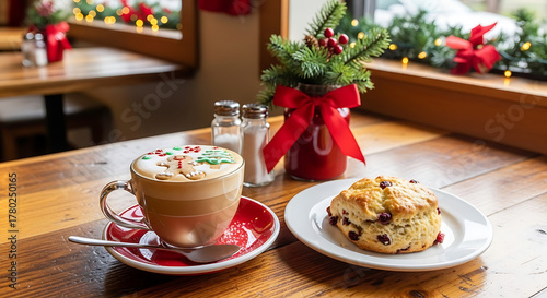 Festive latte and scone on a wooden table by the window