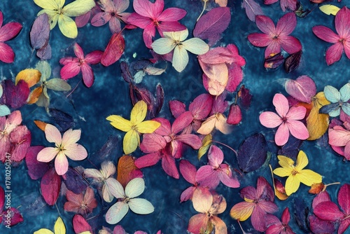 Vibrant Floral Overlays on Tranquil Water Surface Capturing Nature's Breathtaking Palette