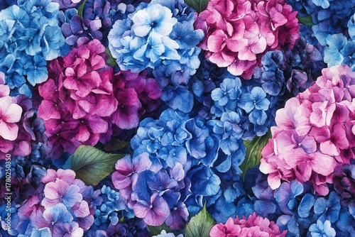 Vibrant Floral Composition Featuring Hydrangeas in Stunning Shades of Blue, Purple and Pink