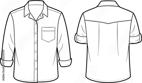 Men’s casual shirt flat sketch, technical fashion CAD drawing with front pocket, long sleeves, collar, button closure, vector illustration