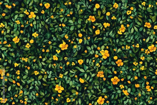 Vibrant Floral Landscape Featuring Yellow Flowers Amidst Lush Green Leaves in Nature's Embrace