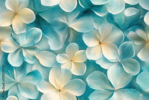 Beautiful Arrangement of Light Blue and White Flowers on a Soft Aqua Background