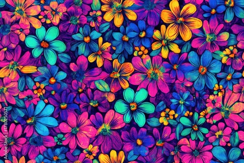 Vibrant Floral Pattern Featuring a Kaleidoscope of Flowers in Bright Colors