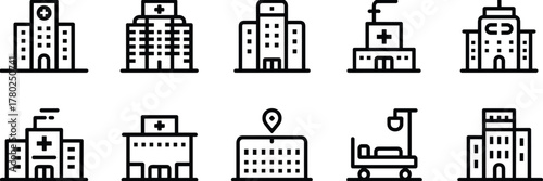 Medical building icons, hospital symbols, healthcare facilities, medical centers, hospital buildings, health services, clinics, emergency care, health infrastructure, medical architecture