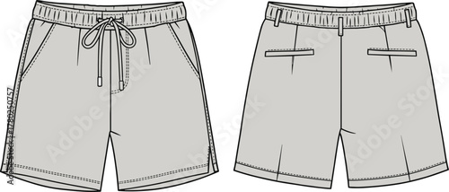Men’s casual shorts technical flat sketch, elastic waistband with drawstring, front and back pockets vector fashion CAD template.